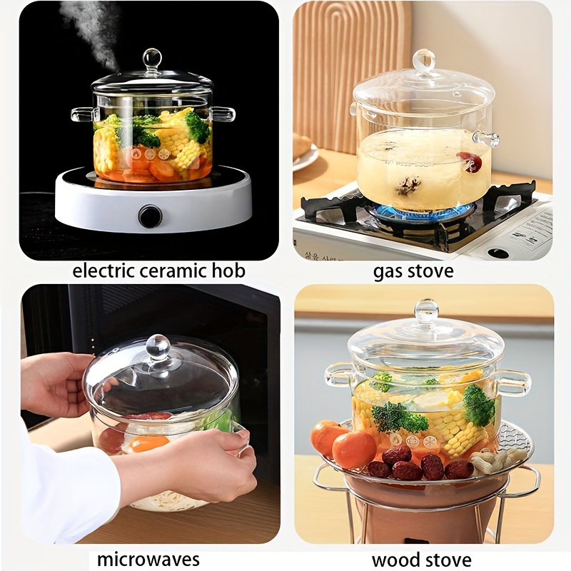   1 5l borosilicate glass simmer pot with lid heat resistant stovetop cooking pot for soup   clear glass cookware with anti   handles dishwasher safe details 2