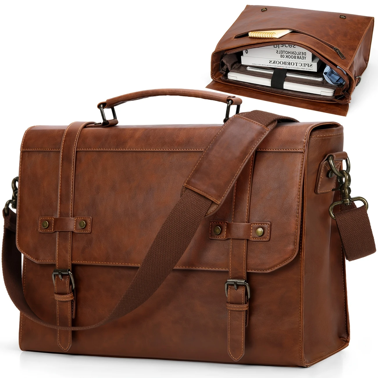 mens messenger bag 17 inch vintage pu leather laptop briefcase large laptop bag satchel bag computer shoulder bag for office business travel college brown details 1