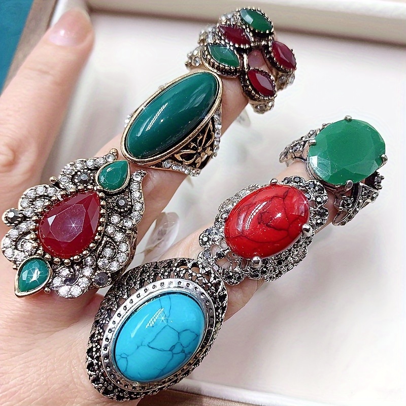 10 pack vintage exaggerated synthetic turquoise alloy rings luxury ethnic style assorted pairs heart shaped synthetic stone alloy no power required for party wedding valentines day   accessory jewelry   assorted op bag packaging details 2