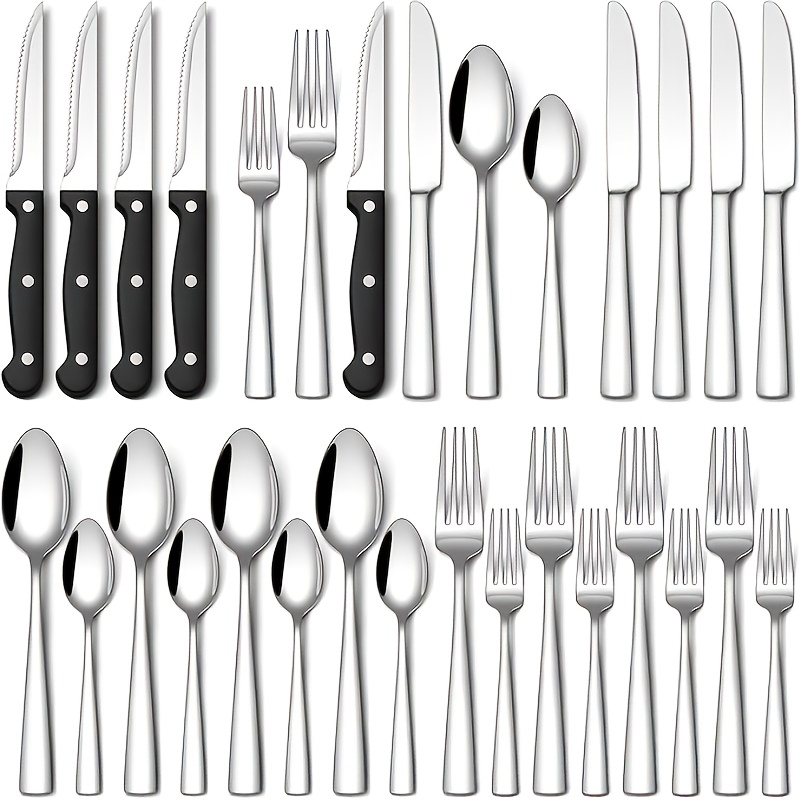 TEMU 24/48pcs Black Silverware Set With Steak Knives, Christmas Stainless Steel Flatware Set For 4/8, Mirror Polished Cutlery Utensil Sets Forks