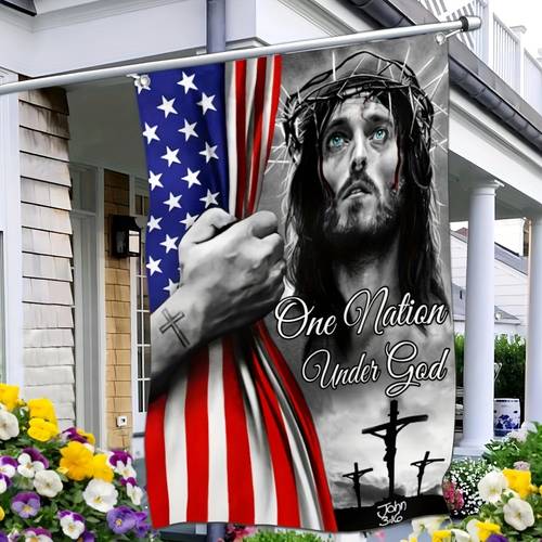 de una sola cara con el mensaje impreso una nación , diseñada específicamente para uso en exteriores. esta de temática cristiana es para y como decoración patriótica, adecuada para su hogar o jardín. ideal como regalo, unisex