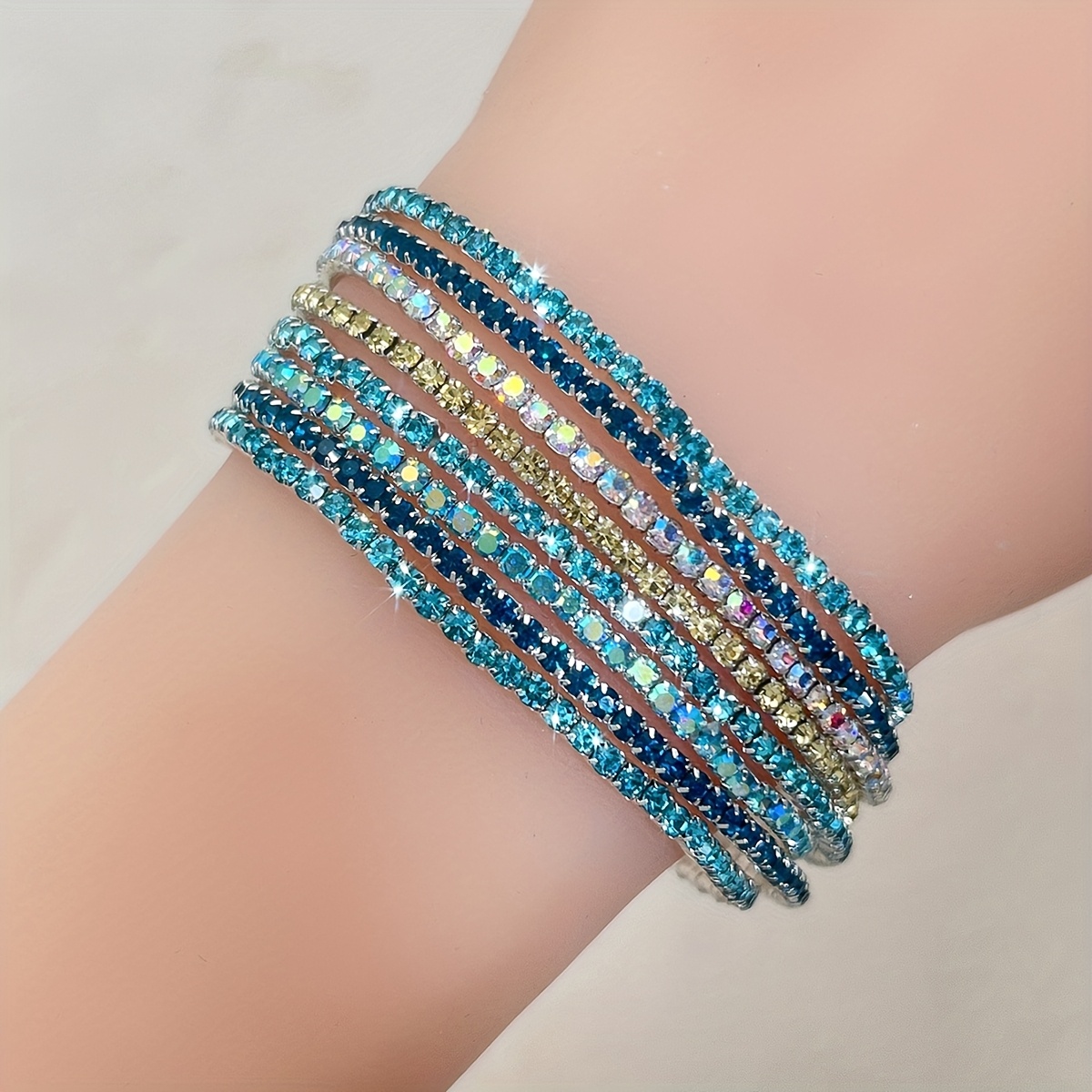 Image of 8pcs 2mm Rhinestone Bracelets Easy Versatile Women's Tennis Bracelets Vacation Party