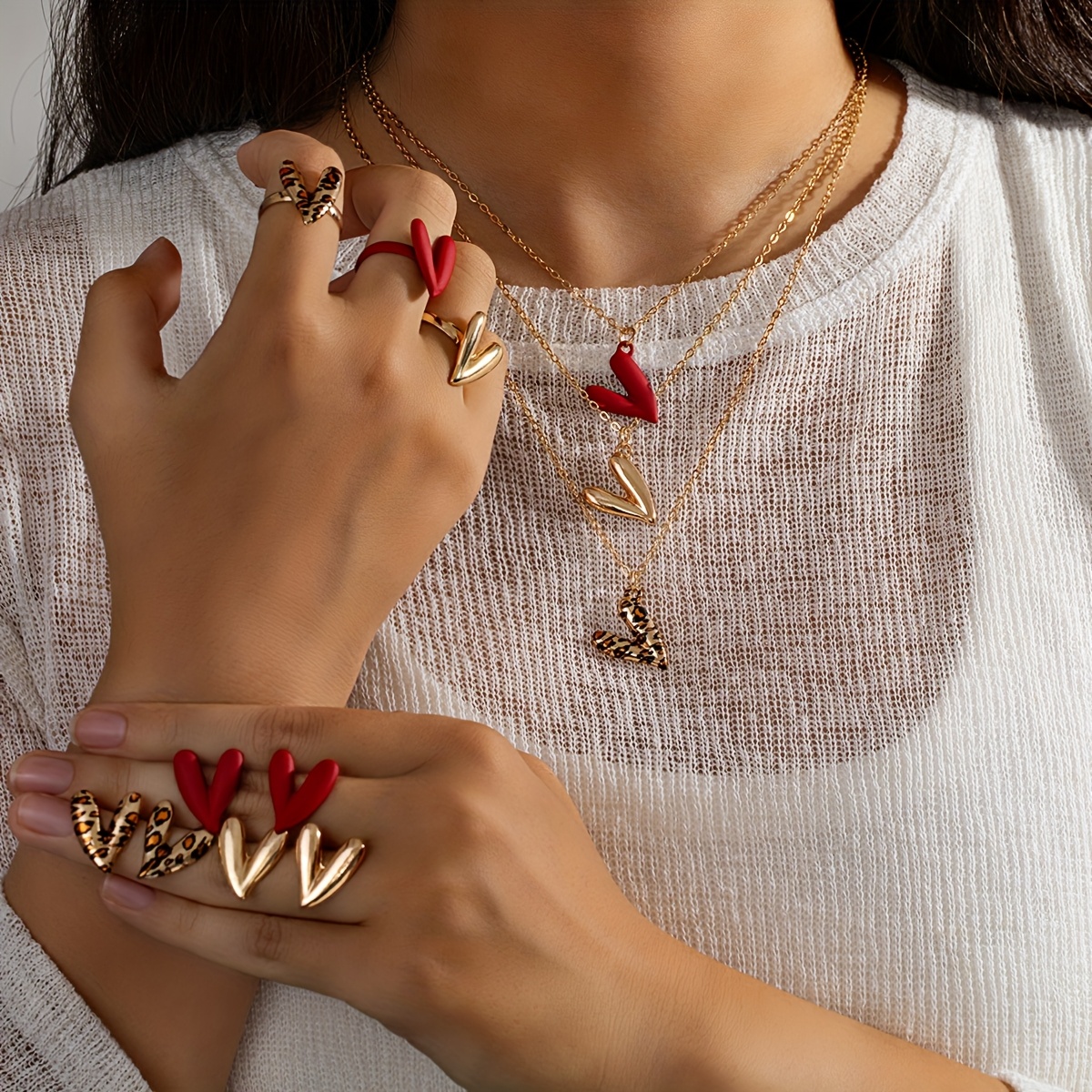 TEMU 3 Pairs Of Earrings + 3pcs Necklace + 3pcs Ring Set, Sexy Leopard Print Heart Stud Earrings, Red Pendant Necklace, Simple And Versatile Women's