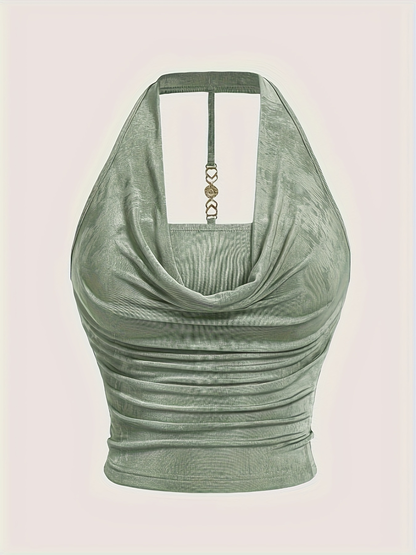 Elegant Mint Green Halter Neck Backless Top for Women - Textured Satin, Adjustable Strap, Knot-Front Detail, Perfect for Spring/Summer/Fall