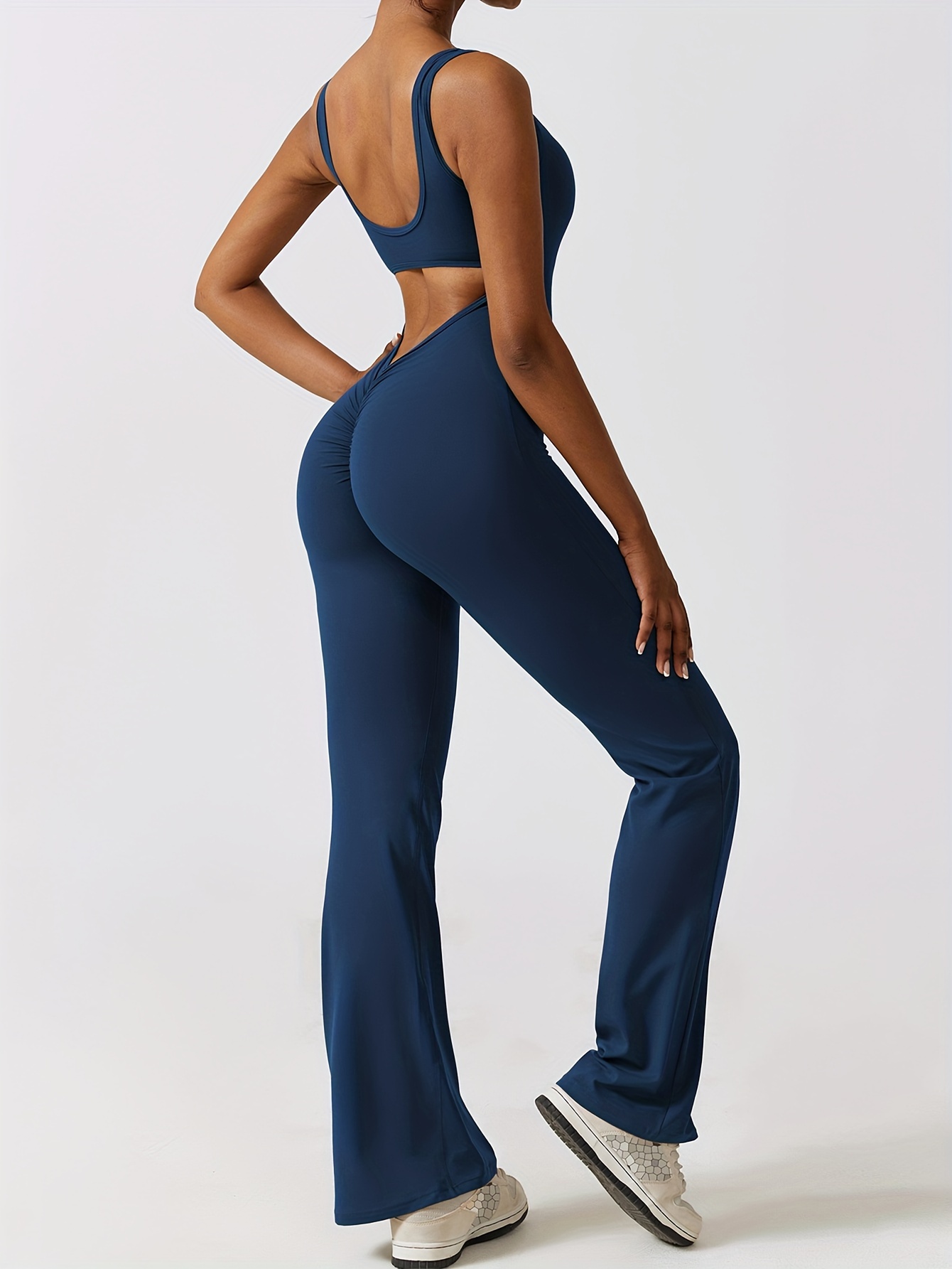 Solid Yoga Bodysuit Pants, Sleeveless Top High Elastic High Waist Workout  Casual Tummy Control Flare Leggings With Pockets - Main Image