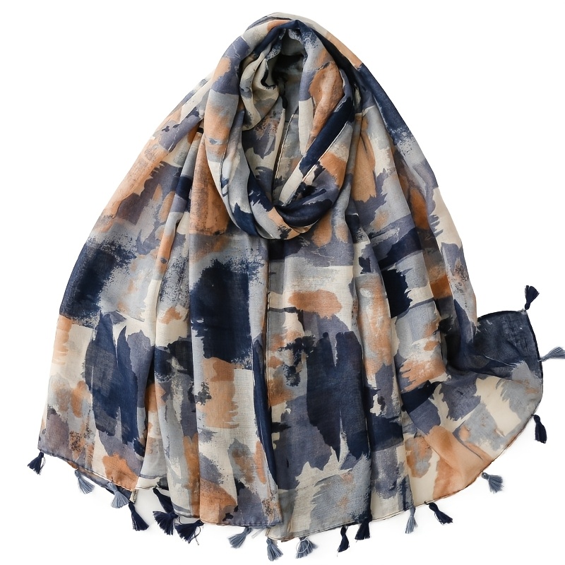 Women's Vintage Chinese Ink Wash Scarf - Watercolor Fringe Shawl & Neck Wrap, Warm Non-Stretch Collar for Autumn Winter, Elegant Accessory Suitable for Casual Outfits, Hand Washable Retro Print Scarves