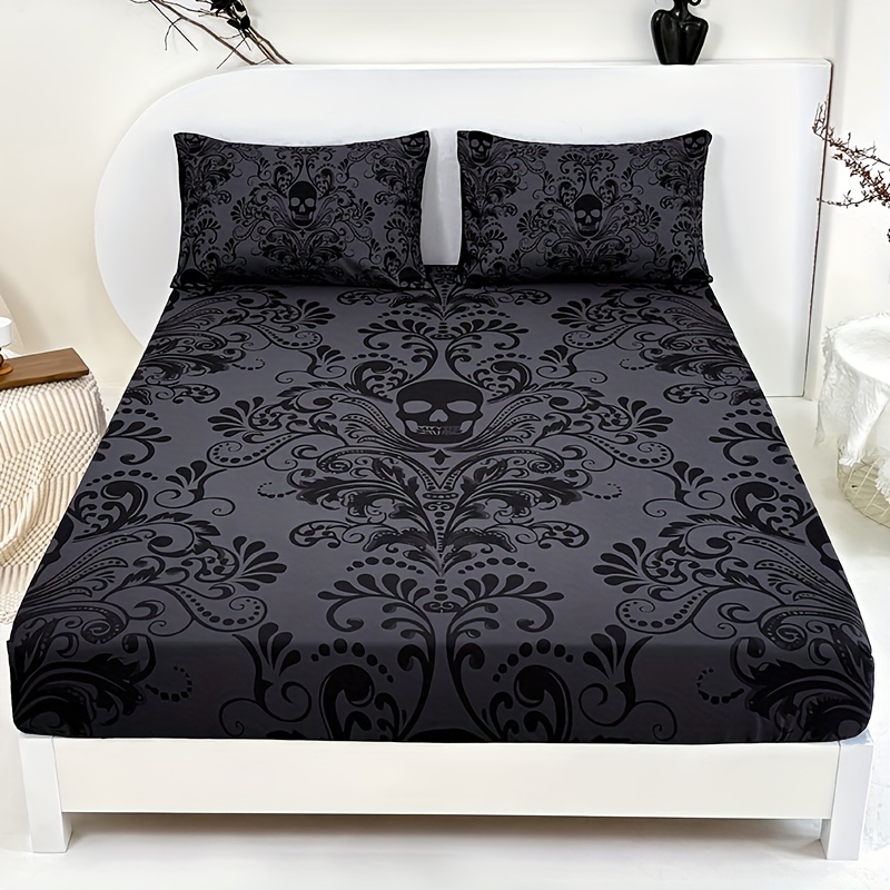 TEMU 3pcs Black Baroque Gothic(1pc Bed Sheet+2pcs Pillowcase No Filling)deep Pocket In 15 Inch At Home Dormitory High Definition Code Printing