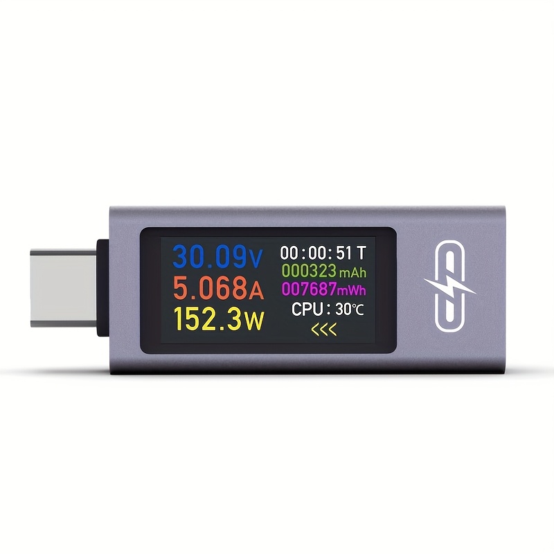 TEMU multifonction Type-C, voltmètre et ampèremètre 4-30V 12A portable pour charge rapide, test de recharge ultra-rapide supporté, écran couleur avec