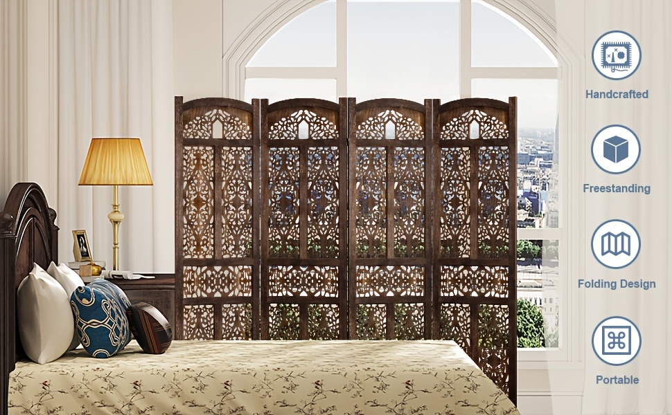 Handmade 4 or 6 Panel Floral Carved Wood Room Divider Screen - Freestanding Folding Privacy Partition with Burning Walnut & White Finish, Ornate Lattice Design, Lightweight Portable for Home Office Hotel Decor, Space-Saving Decorative Partition