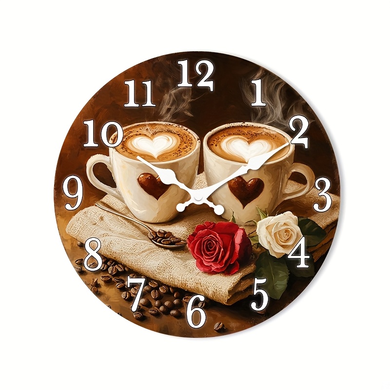 TEMU 1 Stück Leise Nicht-Tickende Moderne Holzwanduhr mit Kaffee & Rosen Design - Rund Batteriefrei für 10"/12"/14"/16" Geeignet für Schlafzimmer,