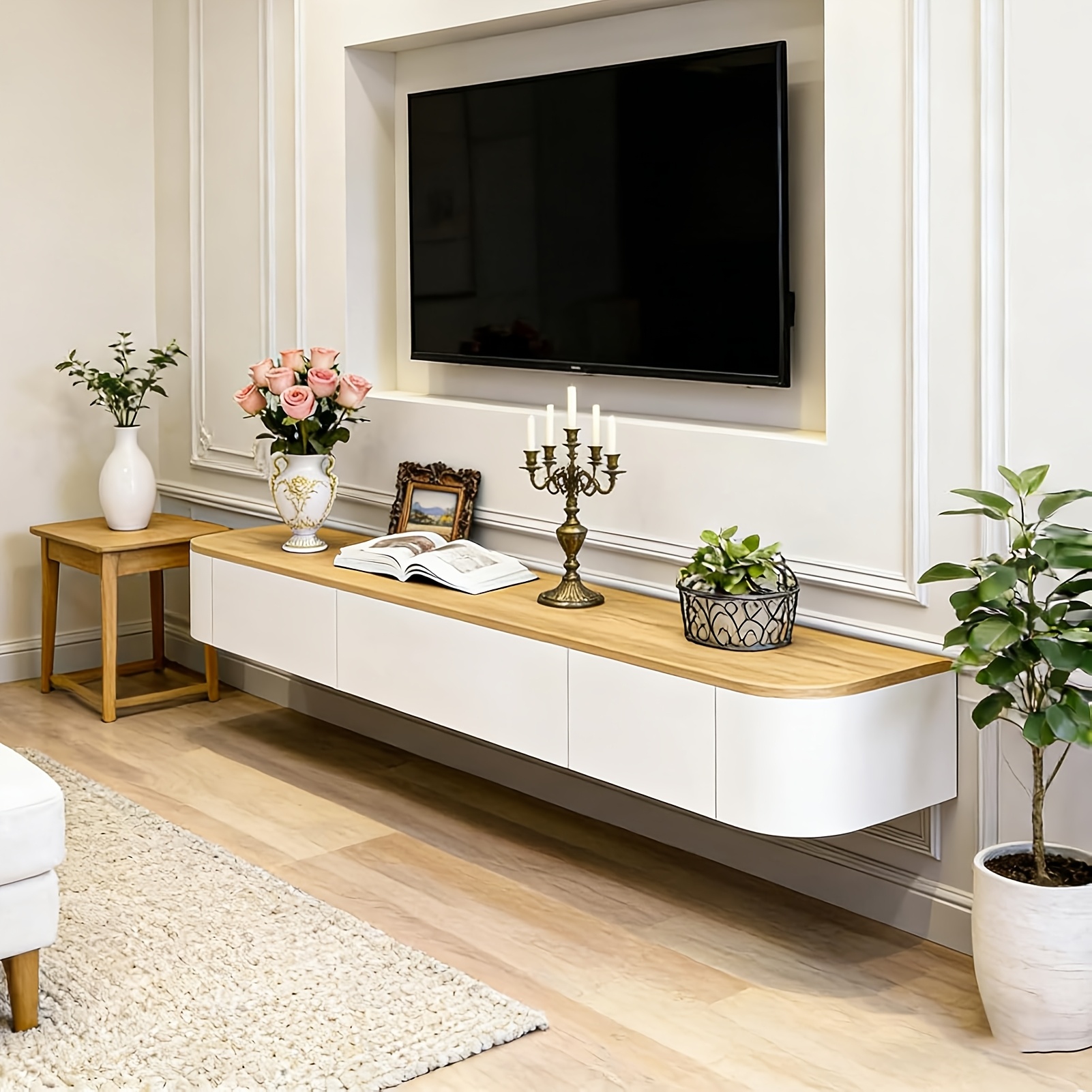 Image of Generic Floating Tv Cabinet With Storage Space, Wall-mounted Natural Material Lowboard, Modern Tv Board With Drawer For Living Room & Bedroom Tv Cabinet As Console