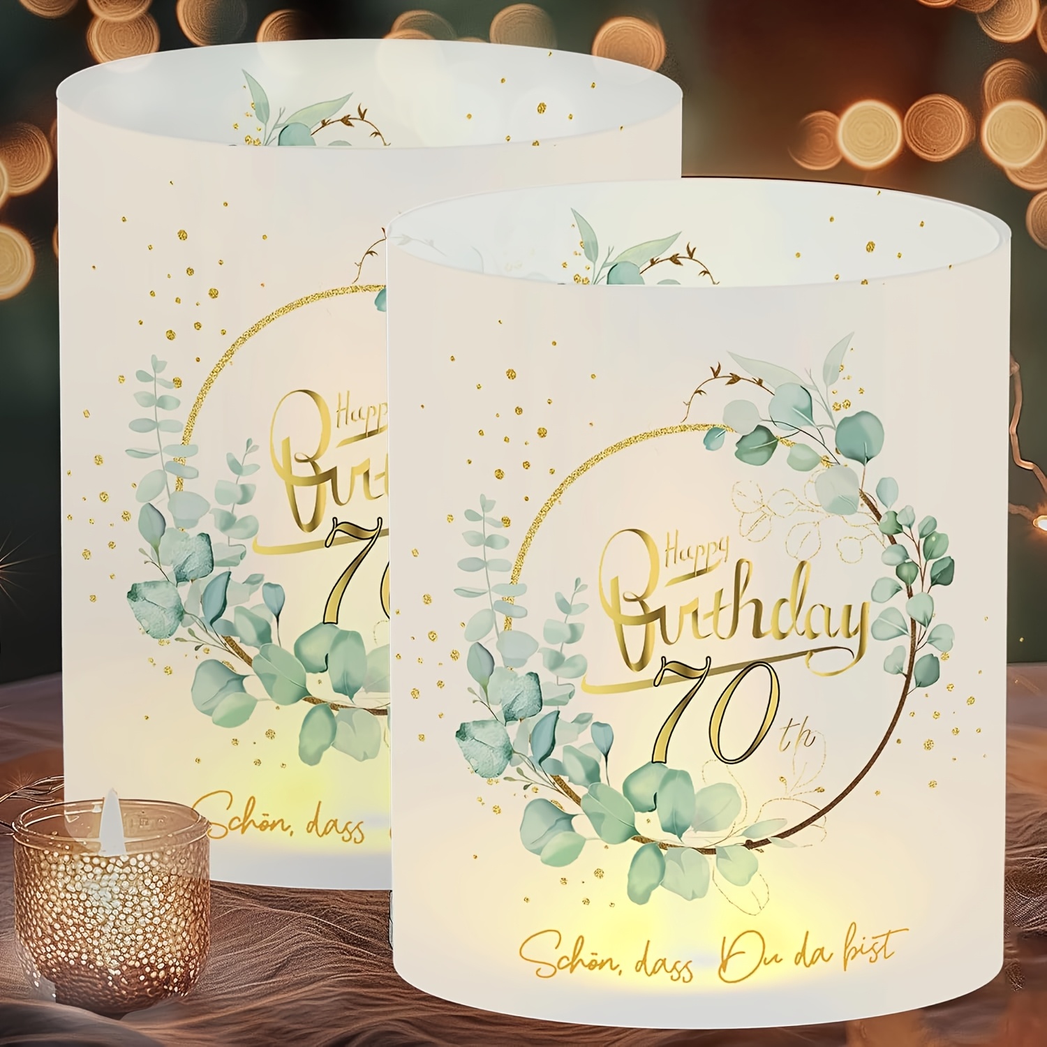 12pcs 70th Birthday Party Decorations - Elegant Eucalyptus Leaf & Tealight Lamp Shades (no Candles) - Plastic Table Centerpieces For 70 Year / Milestone Celebration, Bulk Pack