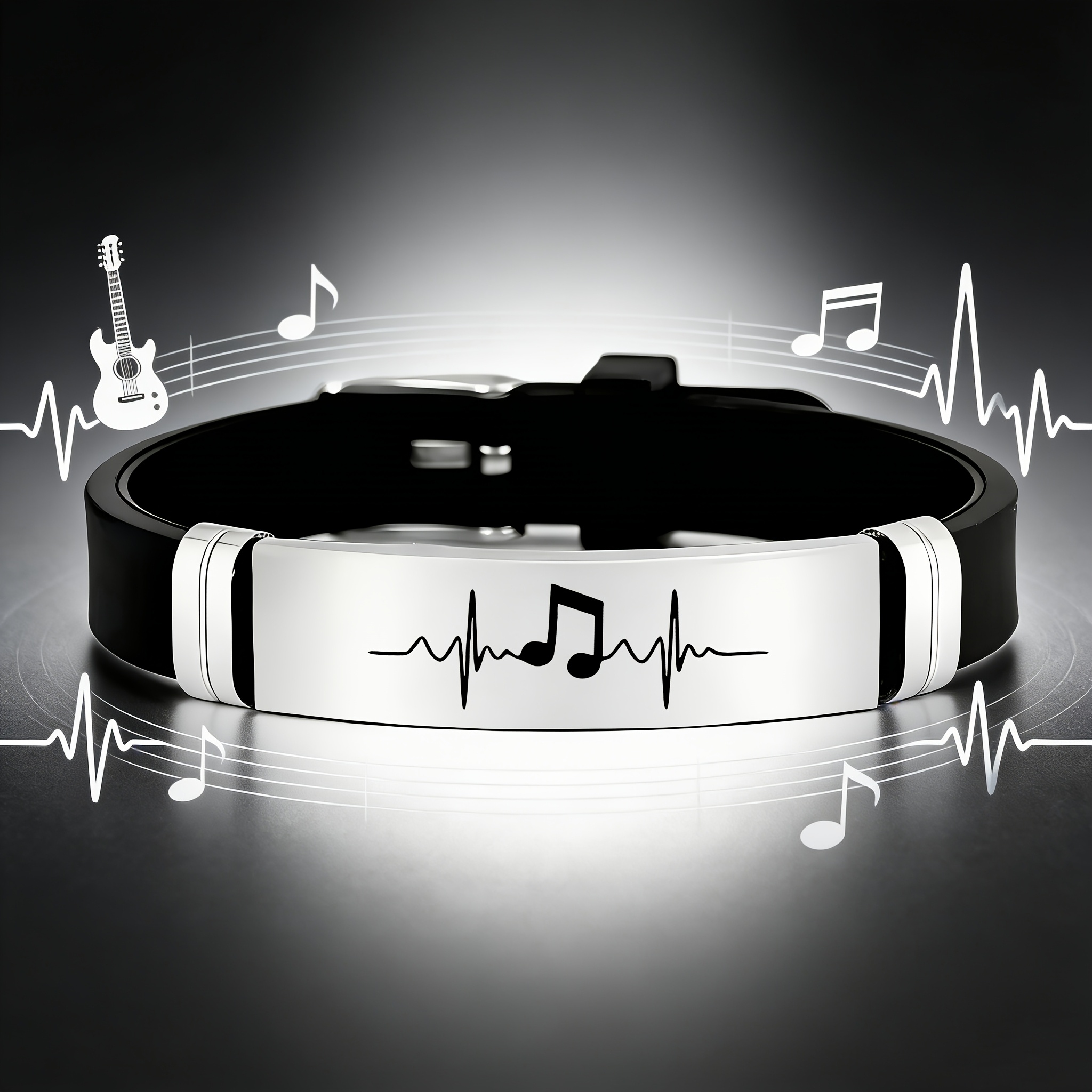 Heartbeat Frequency Note Pattern Stainless Steel Silicone Bracelet