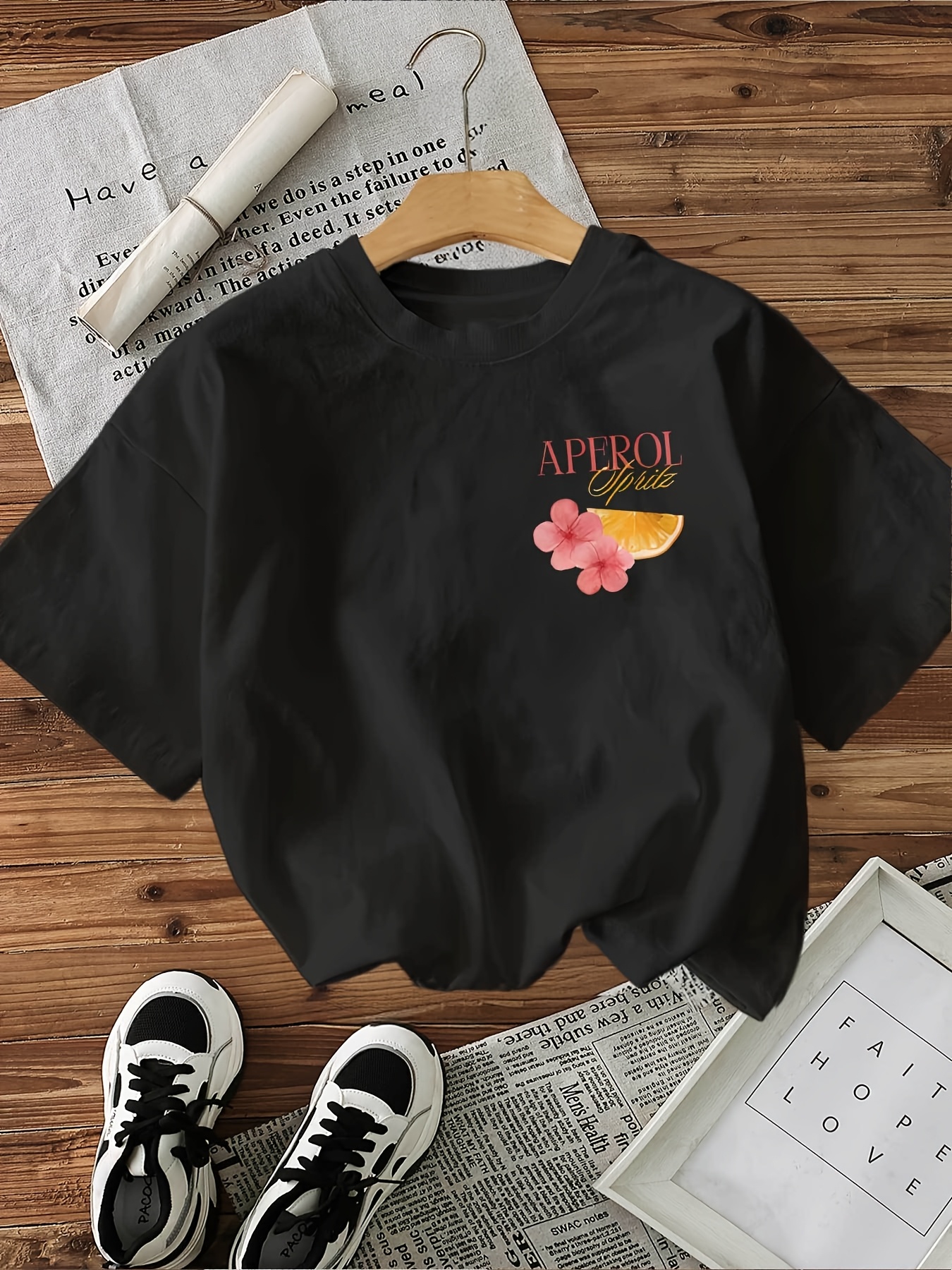 Illustration Style Cocktail Aperol Letter Print T-Shirt, Loose Casual Round Neck Top for Women.