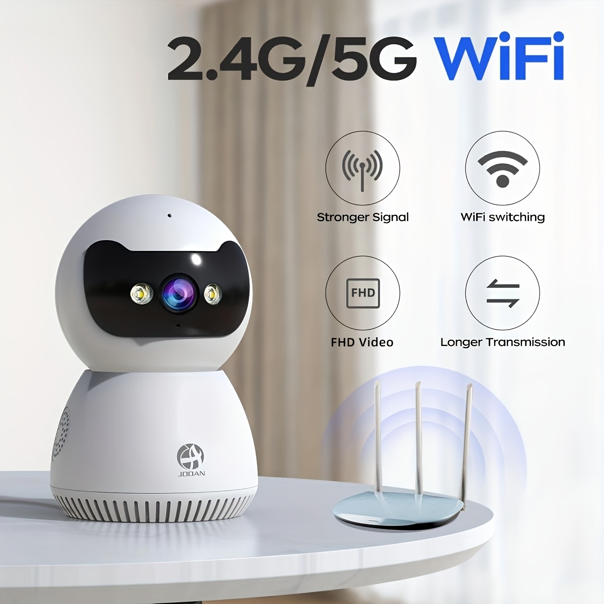 Cámara de seguridad 1080p con rotación PTZ de 355°, compatible con WiFi dual 2.4G y 5G, acceso remoto mediante aplicación, audio bidireccional, visión nocturna en color, detección de movimiento, alimentación USB, ideal para vigilancia en el hogar