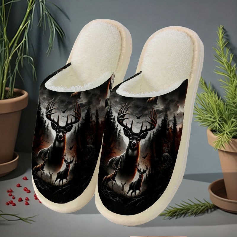 TEMU Unisex Deer Print Slippers For - Winter Warm Indoor House With Deer & Antler Design, Soft Fabric Upper & Sole, Cozy Couple Matching Footwear