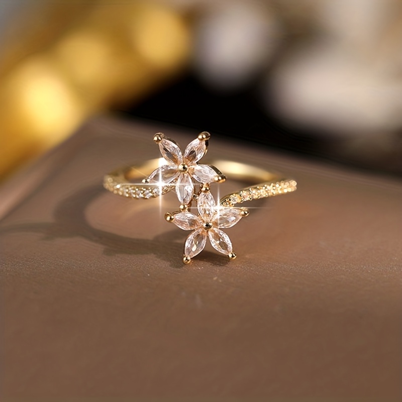 TEMU 1 anillo de flor de circonita , lujoso anillo de cobre dorado, adecuado para , banquetes, uso casual, joyería de banquetes, regalo para mujeres