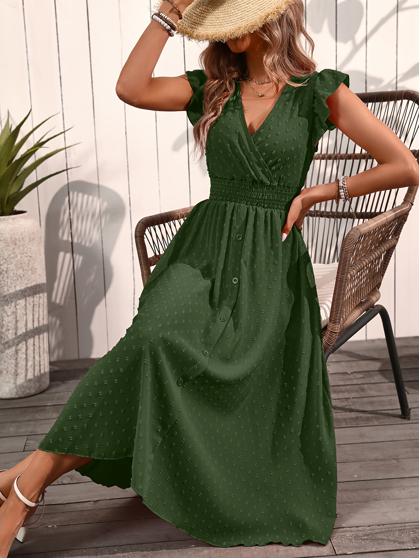 Empire Vs A Line High Waist Midi Dress New Summer V Neck Flutter Sleeve  Waist Wrapped Elegant Long Temu Mauritius