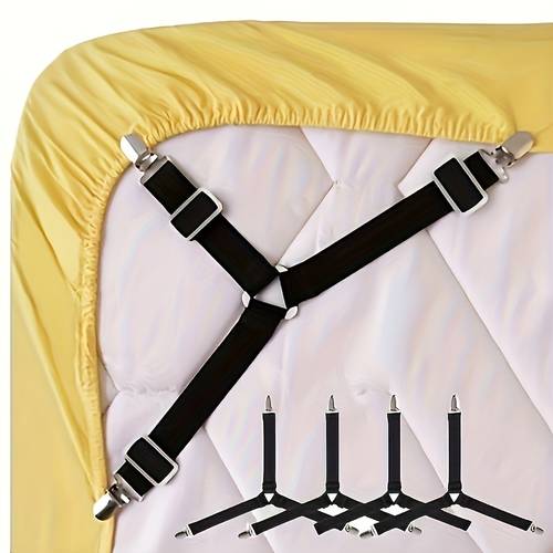 4pcs adjustable elastic bed sheet straps with clear clips non slip easy clean nylon fasteners for securing bedding and sofa cushions black