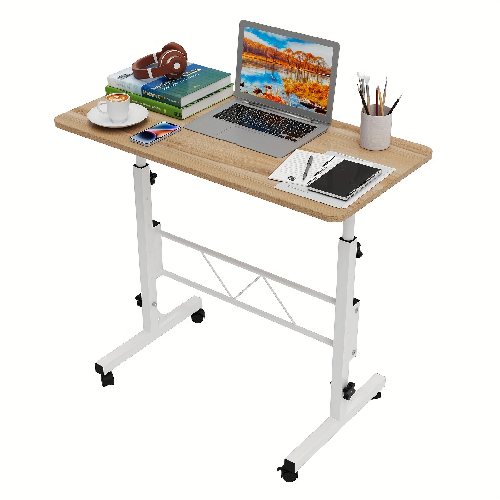 Laptop Table With Casters Height Adjustable Mobile Bedside Table 74-110cm Wooden Workstation Metal Frame For Home Office Or Office Use