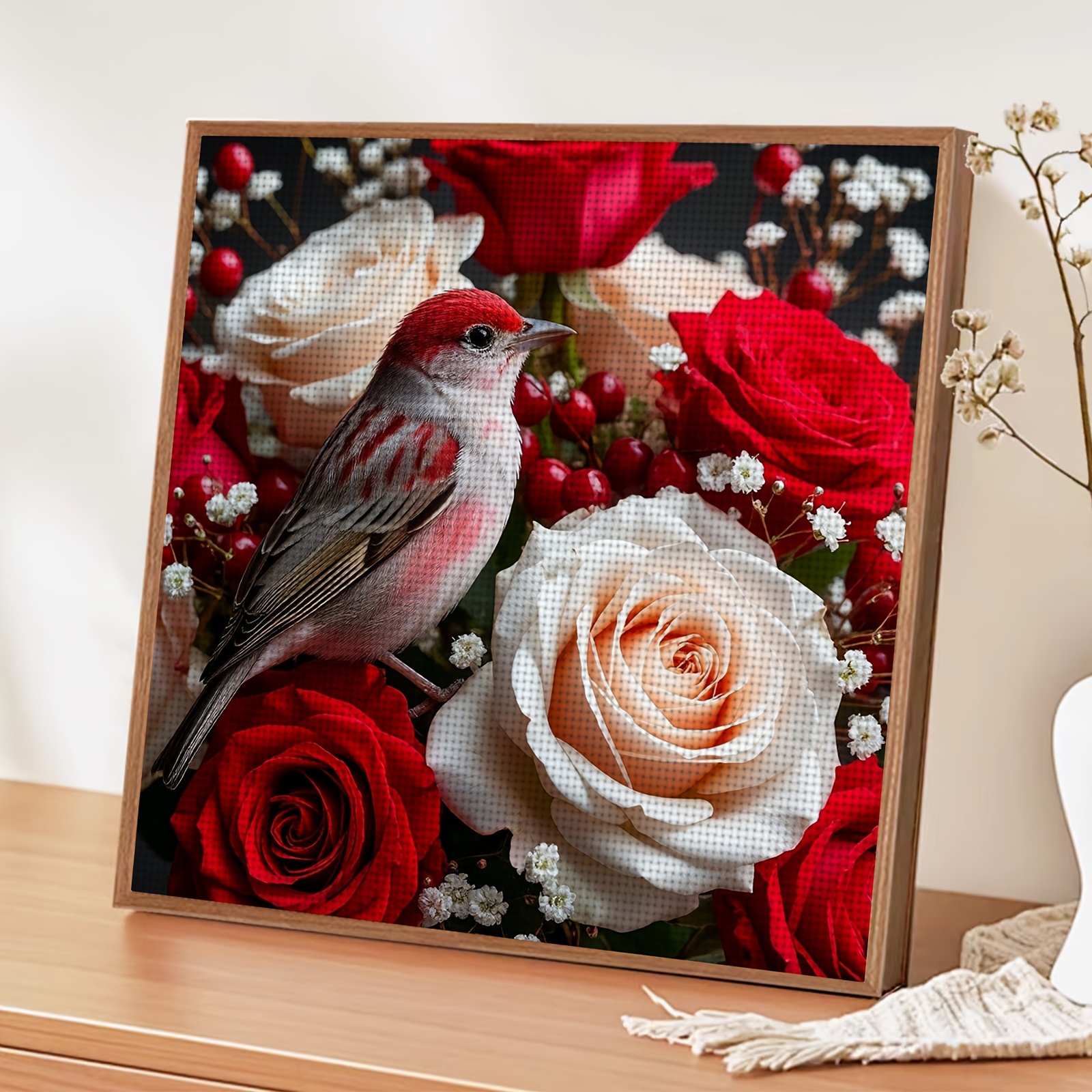 Cross-Stitch Embroidery Kit, "Bird on Flower Bouquet" Pattern for Beginners