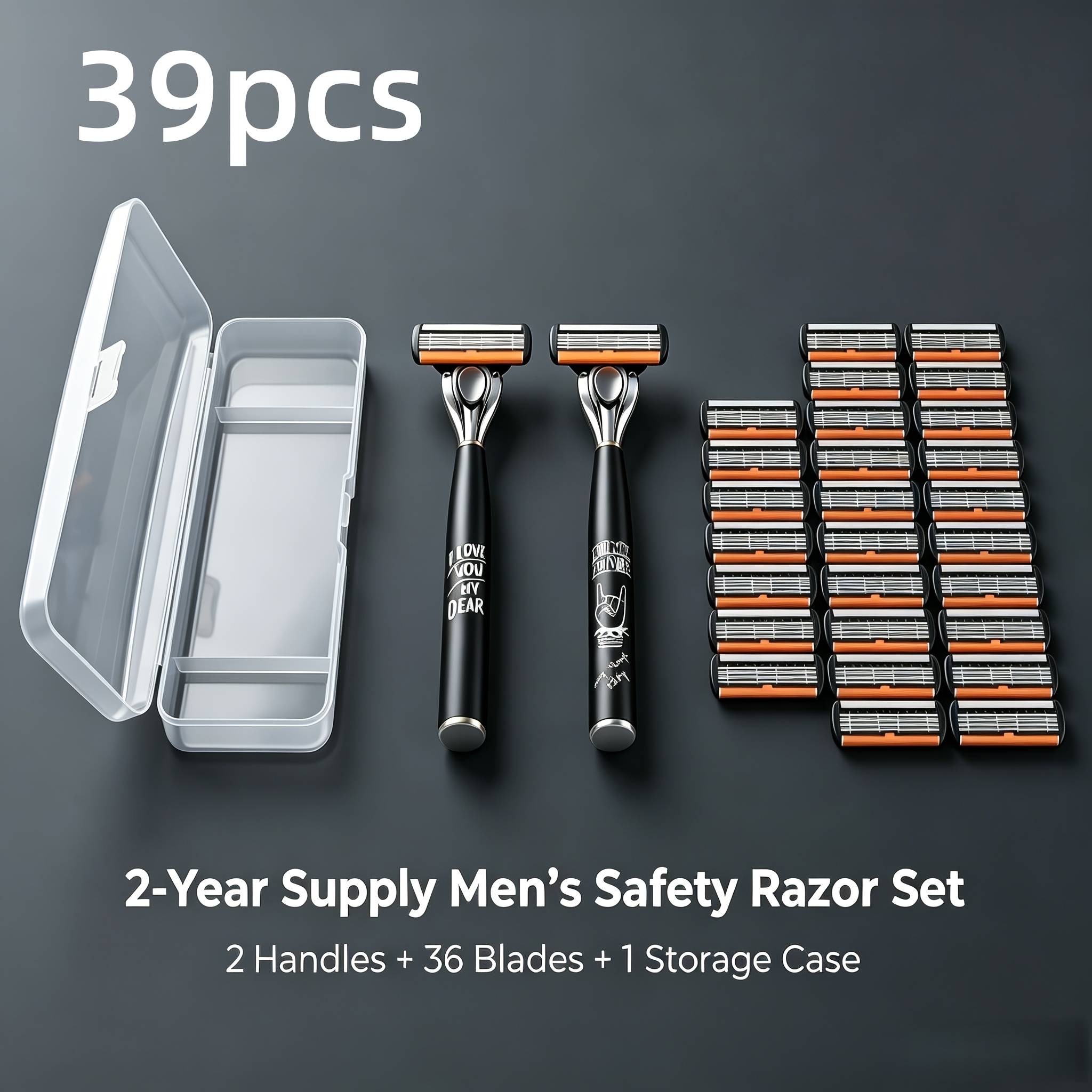 TEMU 2 Handles+-layer Replacement +1 Storage Box, Men's Manual Safety Shaver Set, Black Pattern. Stainless Steel Blade, Ergonomic Anti Slip Handle,