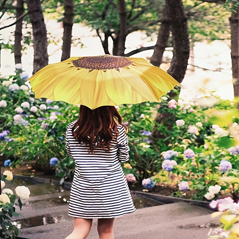 

Stylish Sunflower Folding Umbrella - Uv Protection, Windproof, Dual-use, 8-rib Design, 190t Impact Fabric, Glass Fiber Handle, , Outdoor Umbrellas For Patio