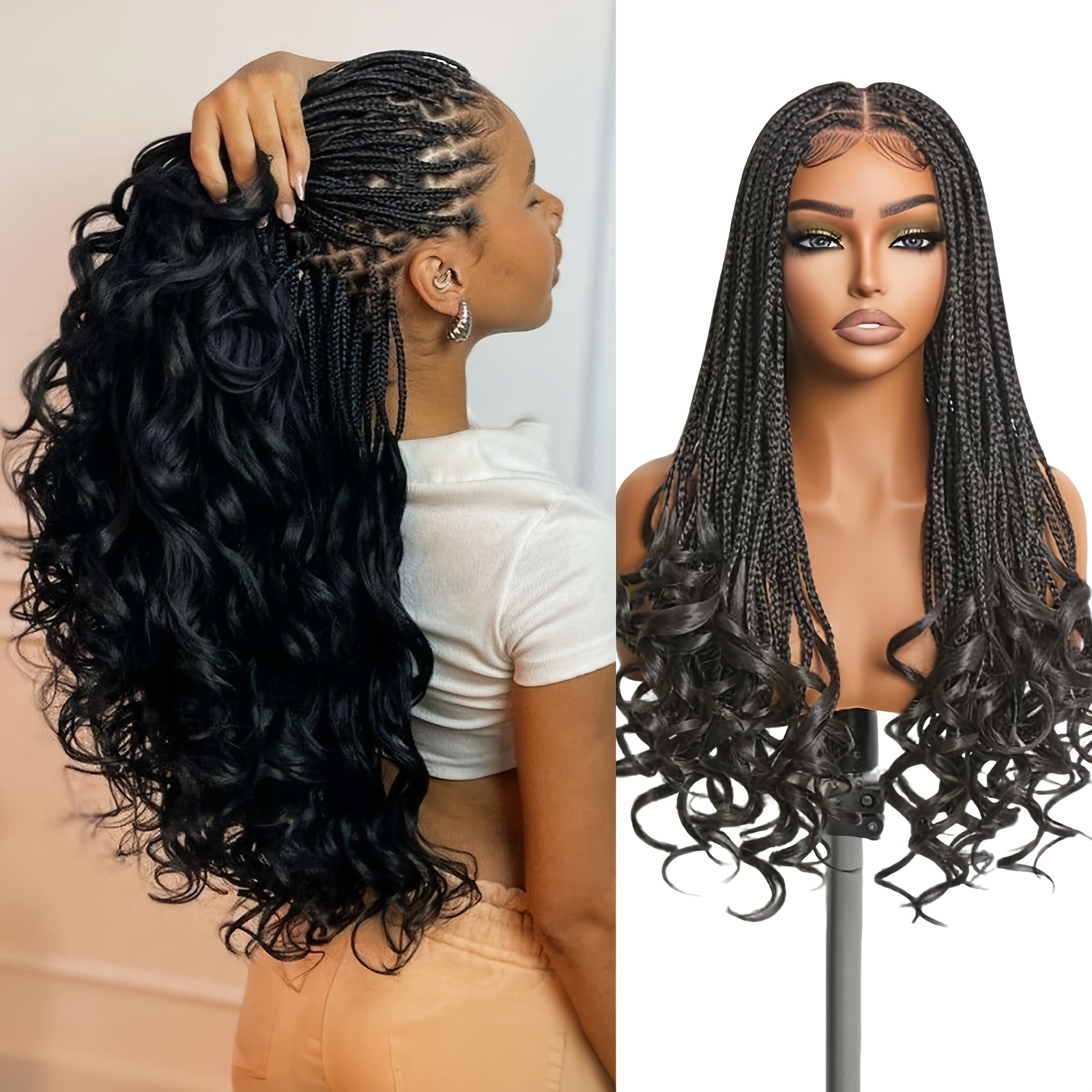 Image of 38 Inch Full Hd Lace Front Box Braided Wigs With Boho Curly Ends Knotless Braided Wig For Women Premium Synthetic Braids Lace Front Wig With Hair Black