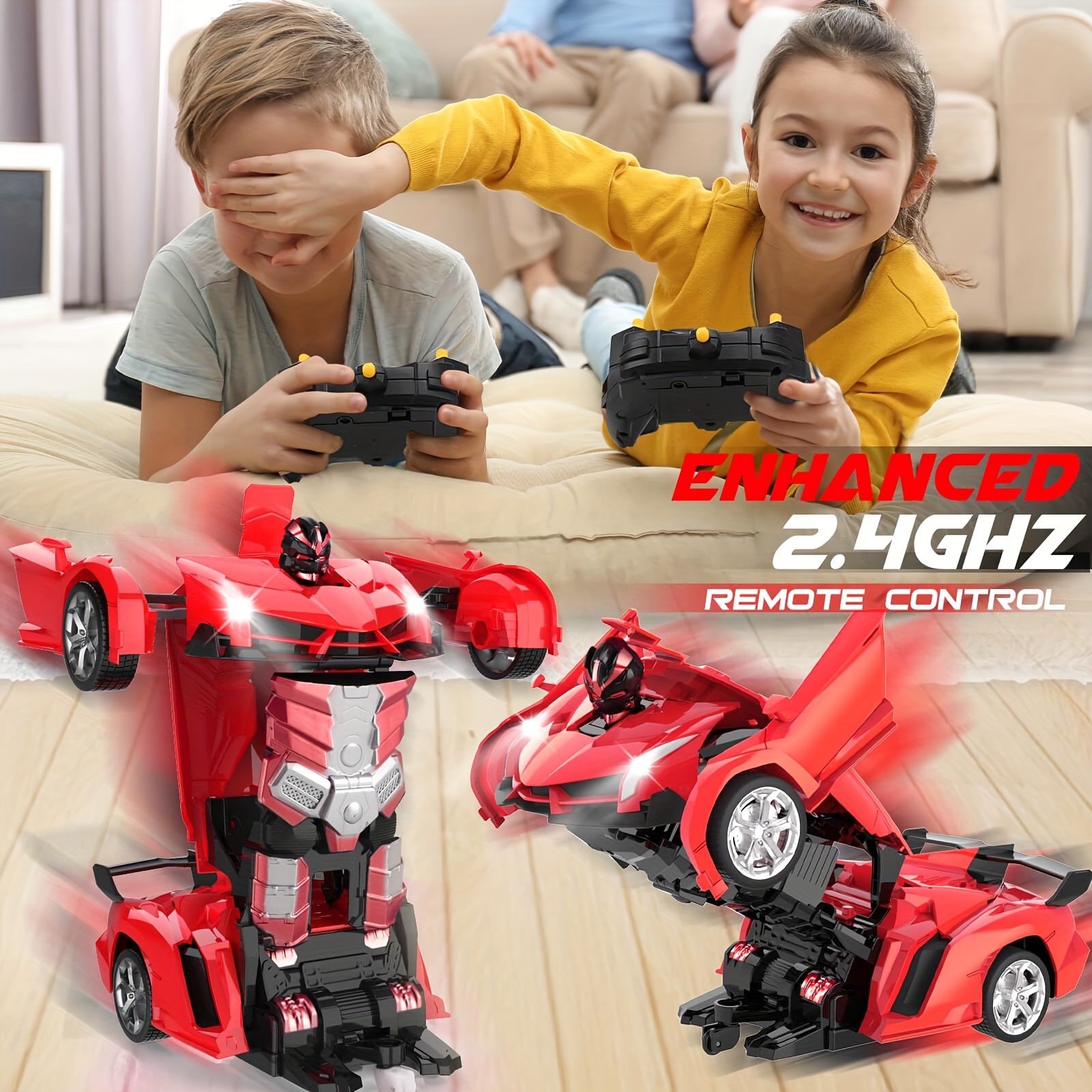 Red Transforming Robot Car With LED Headlights, 2.4Ghz Remote Control, 360° Rotating Drift, One-Button Deformation, Cool Flashing Lights, Durable ABS Plastic, Perfect Gift For Boys And Girls