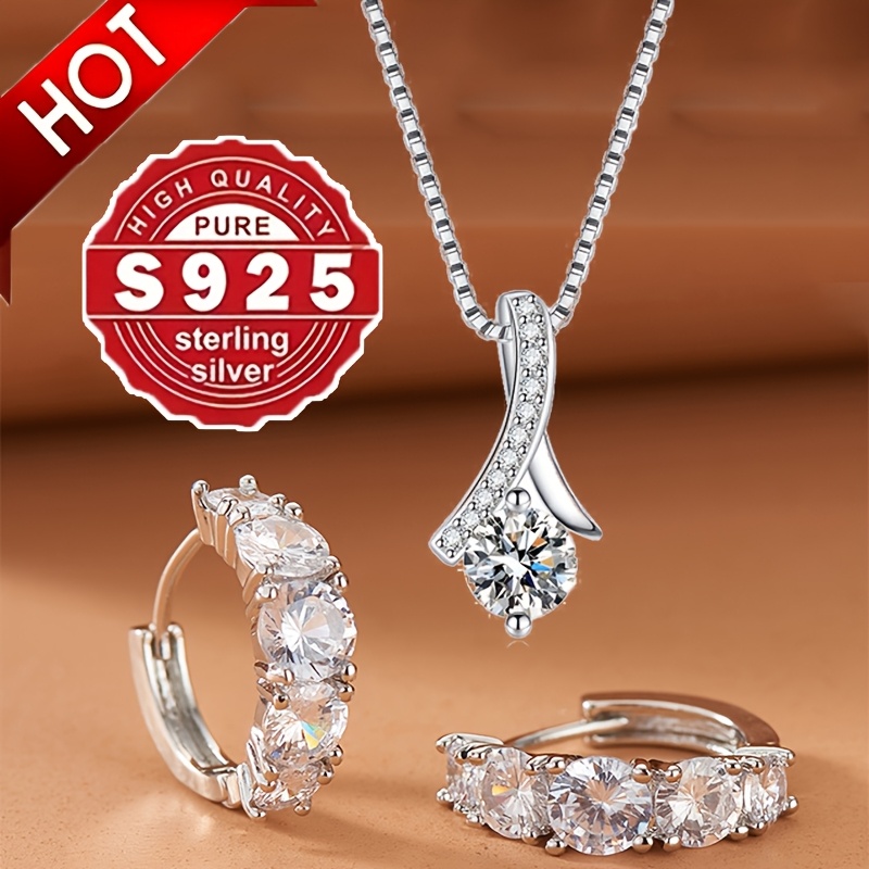 2pcs s925 silver stud necklace accessory set slightly set synthetic zirconia fashion earrings simple necklace womens fashion pendant accessory set suitable for daily matching and as a gift Product details 0