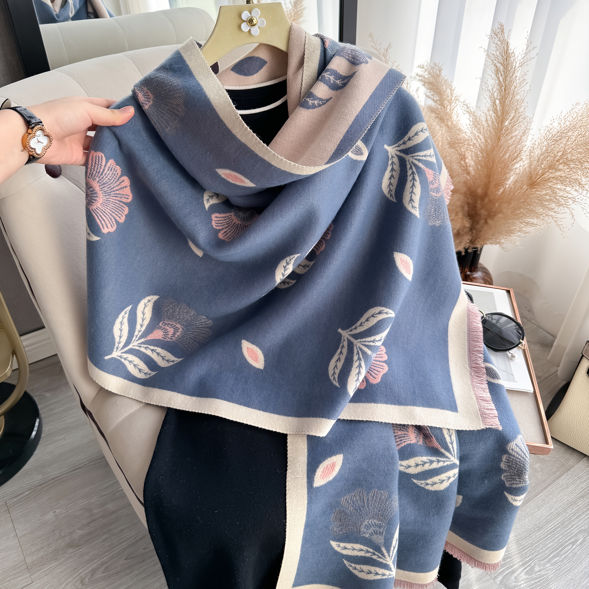 1pc IROJEFF ' Elegant Pashmina Shawl Wrap - Soft Thick Winter Scarf & Shawl with Gray & Orange Leaf Print, Tassels - Warm Cozy Outfits for Outdoors, Parties, Travel - Luxury Jacet Compatible Accessory (Hand/Dry)