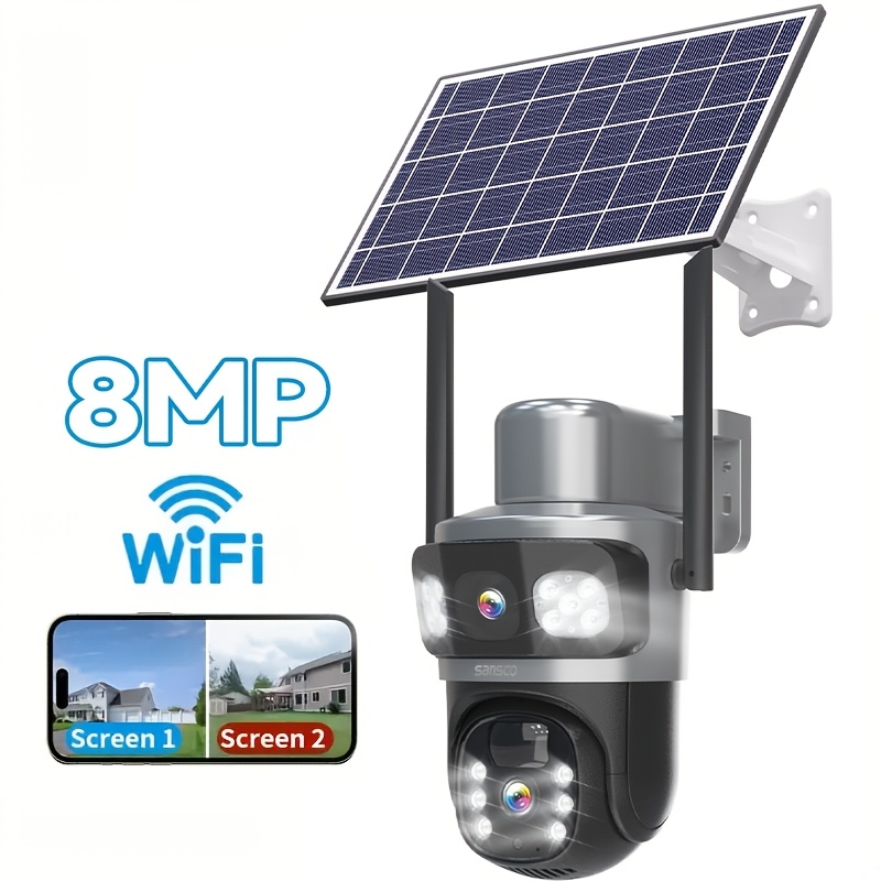 TEMU 8mp Solar Camera Security Outdoor Wireless, Dual Lens Video Surveillance Cameras With 8w Solar Panel, Battery Powered, Color Night Vision,
