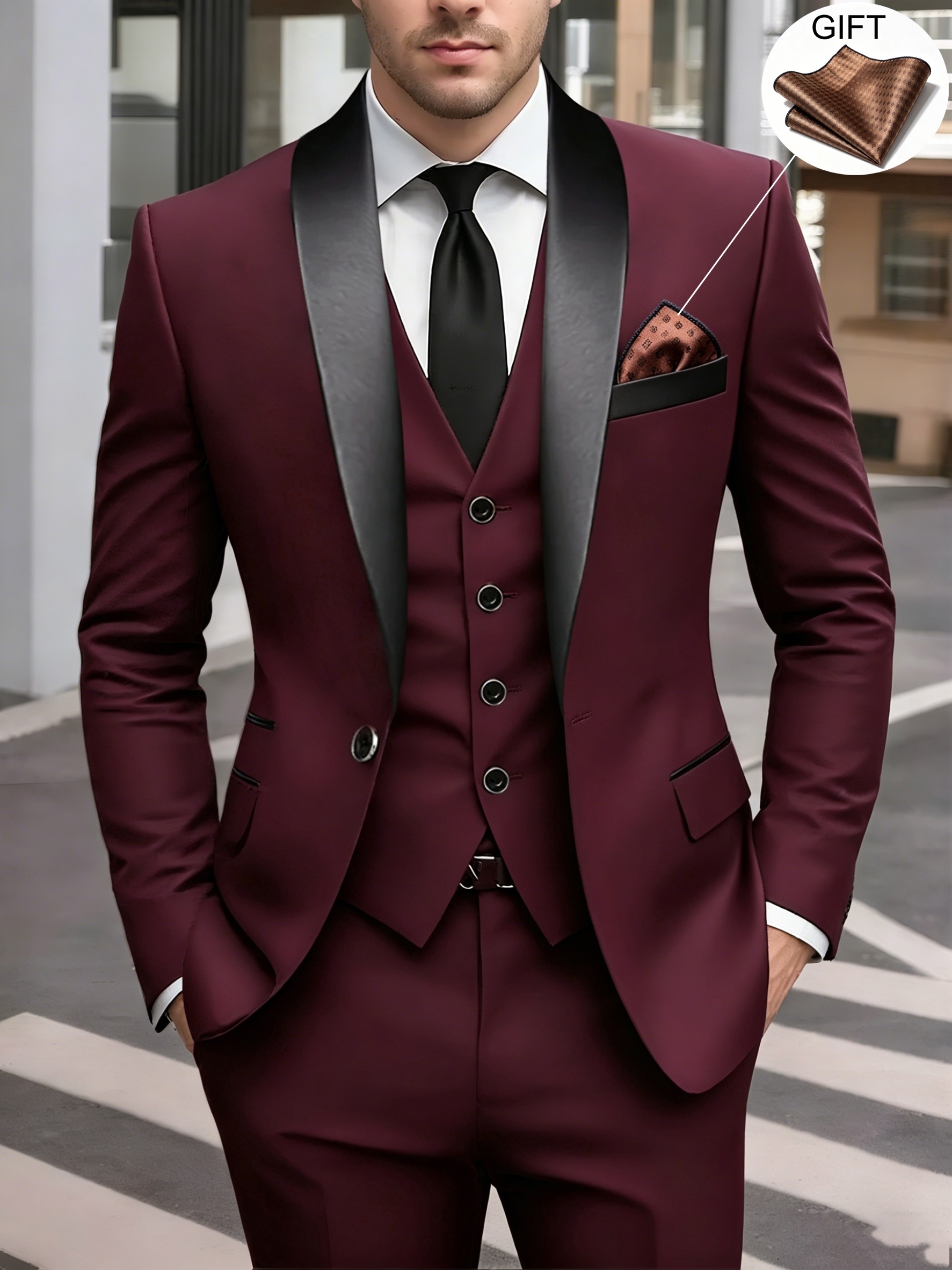 Costume 3 pièces pour homme pour mariage, fête, affaires décontractées : veste de costume + gilet + pantalon classique, ensemble élégant de couleur unie pour marié, convient aux réunions d'affaires, inclut un mouchoir de poche