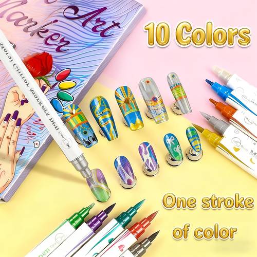 10 colors 3d nail art pens diy set double ended metallic nail marker pens graffiti dotting drawing painting liner pen quick drying acrylic paint pen for quickly dry nail art