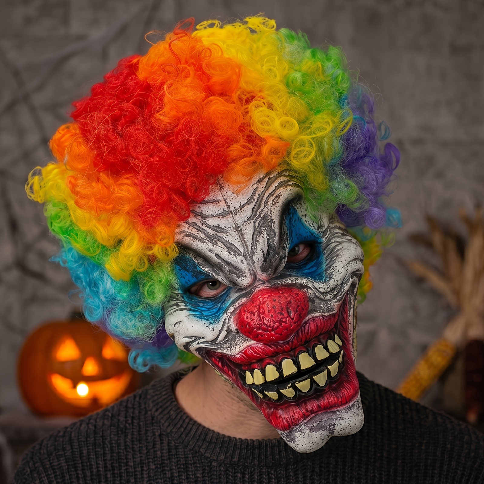 Premium Evil Clown Latex Mask with Rainbow Wig, Creepy Jester Prop
