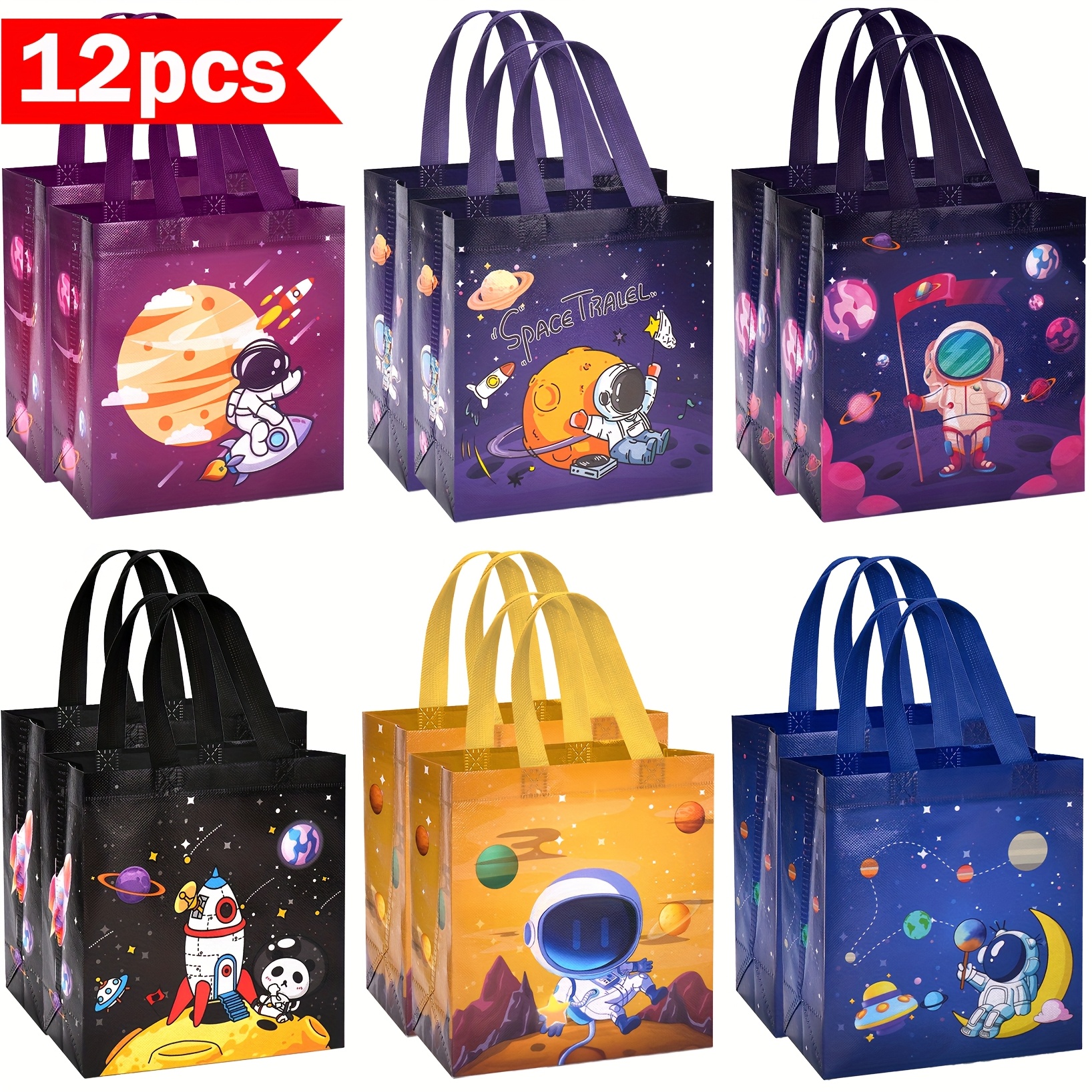 Image of Gift For Her/him 6/12pcs Space Party Favor Bags, Non Woven Astronaut Gift Treat Tote Bags With Handles, Reusable Grocery Bag For Solar System Theme Birthday Party Supplies, 9x8.7x4.3 Inches