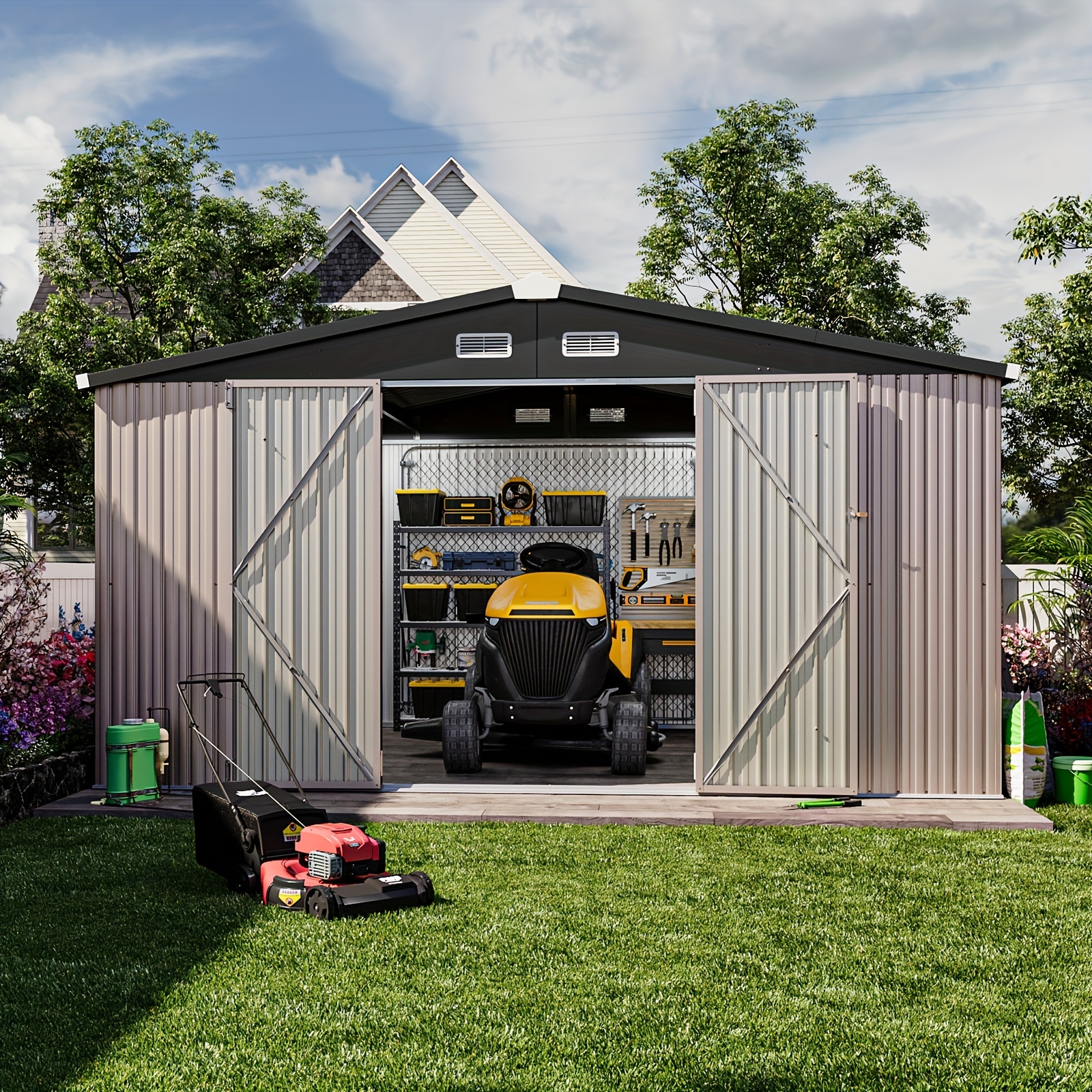 

Outdoor Storage X 12 Ft, Metal Steel Shed Storage House With Lock And Door For Backyard Garden Patio Lawn, Brown