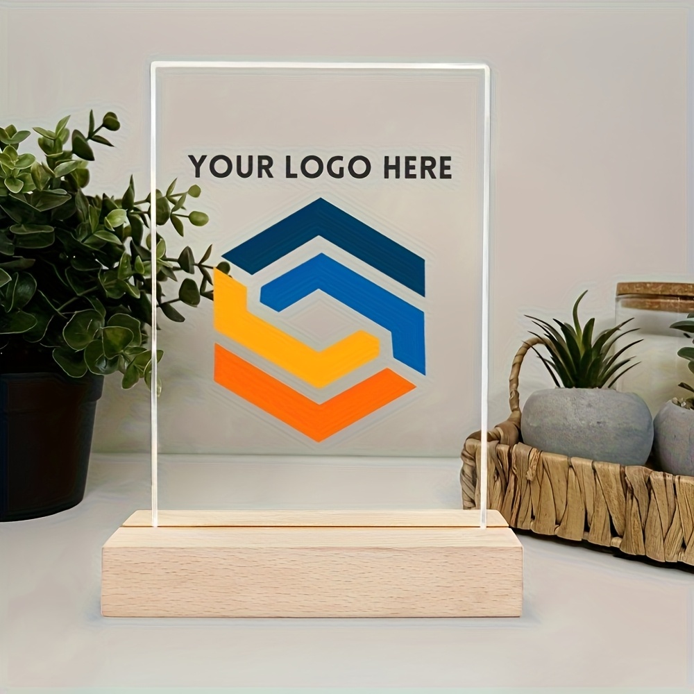 TEMU 2D , Logotipo Personalizado de Acrílico con Soporte de Madera - Regalo de Negocios Personalizado, Diseño de Acrílico Transparente y Estable para