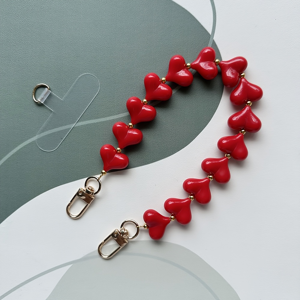 Fashion Solid Color Acrylic Peach Mobile Phone Lanyard Valentine's Day Heart Handmade Beaded Phone Strap