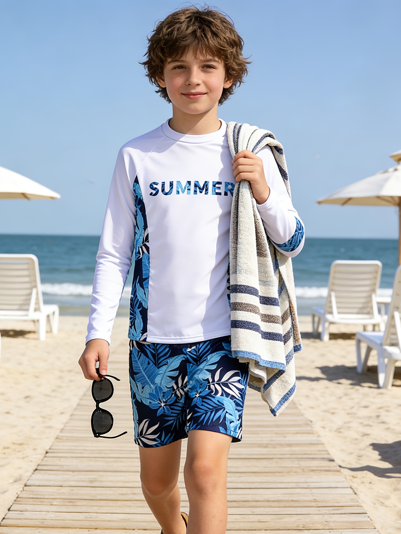 Boys' Casual Vacation Long-Sleeve Tropical Print Patchwork 2pcs Set, Suitable for Beach, Swimming, Surfing, and Vacations, Spring/Summer Kids' Swimwear