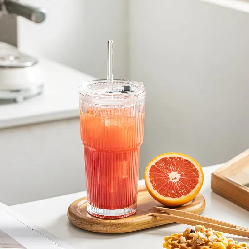 glassware set of 2 600ml 20oz ribbed glass barrel with lid and glass straw thickened glass iced coffee smoothies cocktails and juices elegant and durable beverage Product details 4