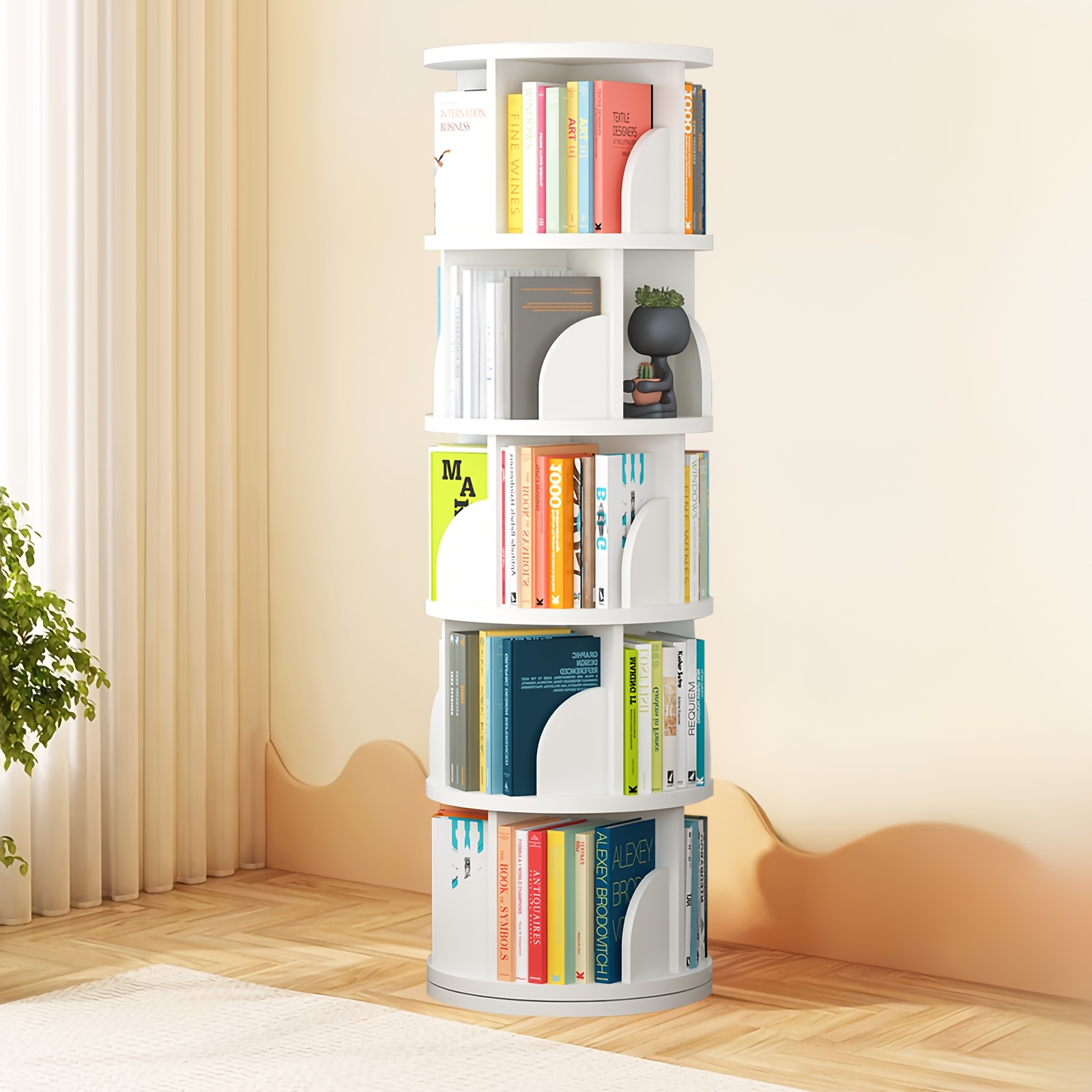360° Rotating Wooden Book Tower, Spinning Bookshelf with 4/5 Tiers for Office, Living Room, And Room