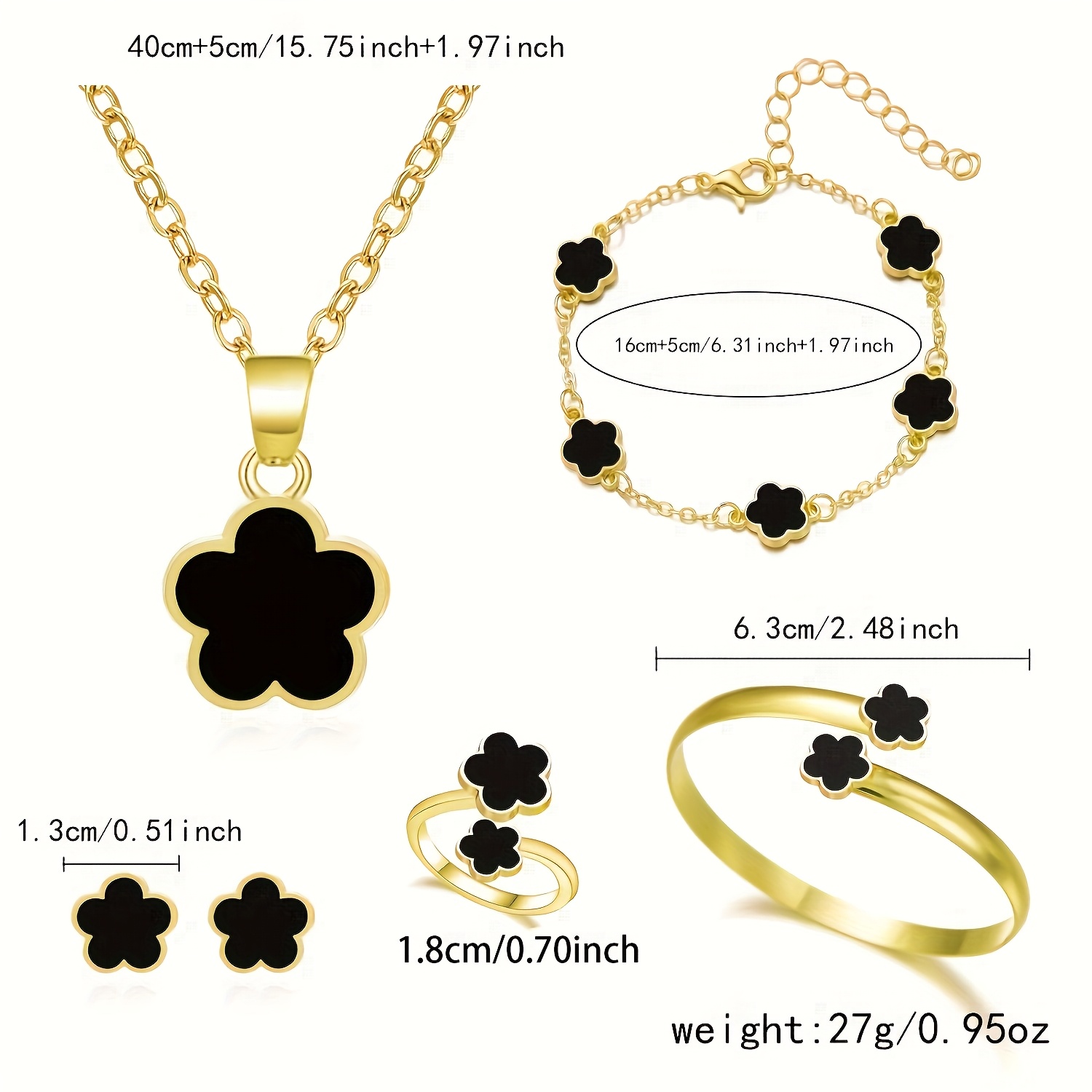 Lucky Clover Bracelet, Necklace, Earrings, Bracelet, Ring Set of Five