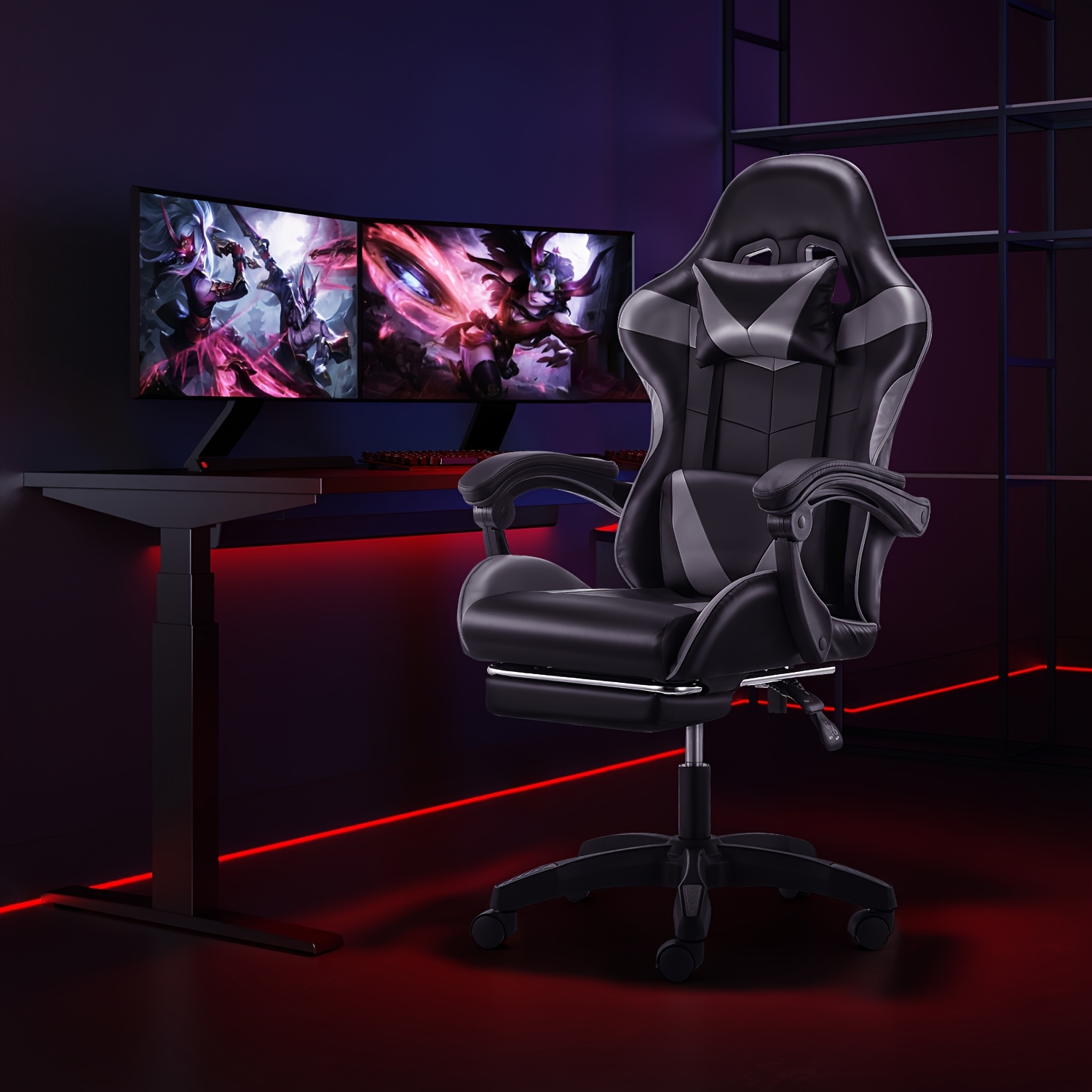 E-shop Schwarzer Grauer Ergonomischer Gaming-Stuhl | Verstellbare Höhe | Schiefe Rückenlehne | Modischer und Bequemer Gaming-Bürostuhl |