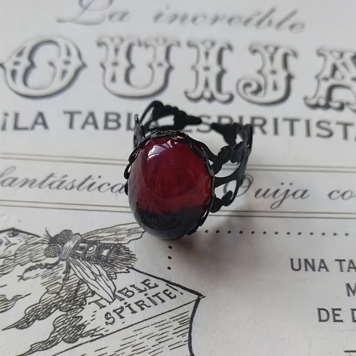 TEMU 1pc Ring, Dark Gothic Lace , Egg-shaped Semi-circular Black Red Glass Inlay Women's Ring, Halloween Party Accessory To Enhance Mystery