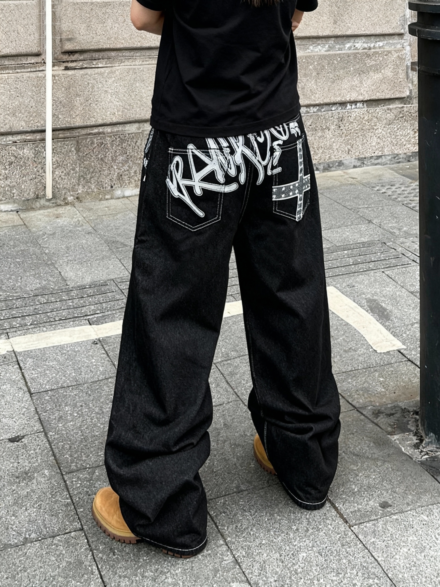 mens black washed loose wide leg jeans hip hop - Temu Mauritius