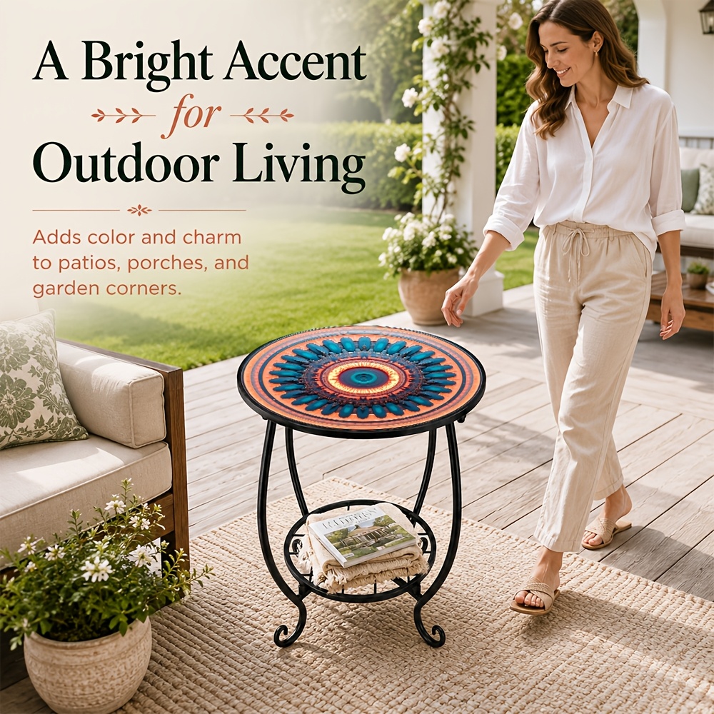 1pc round metal end table with open mesh shelf abstract   radial   mandala pattern printed iron top small drink table for balcony   room and entryway   home decor