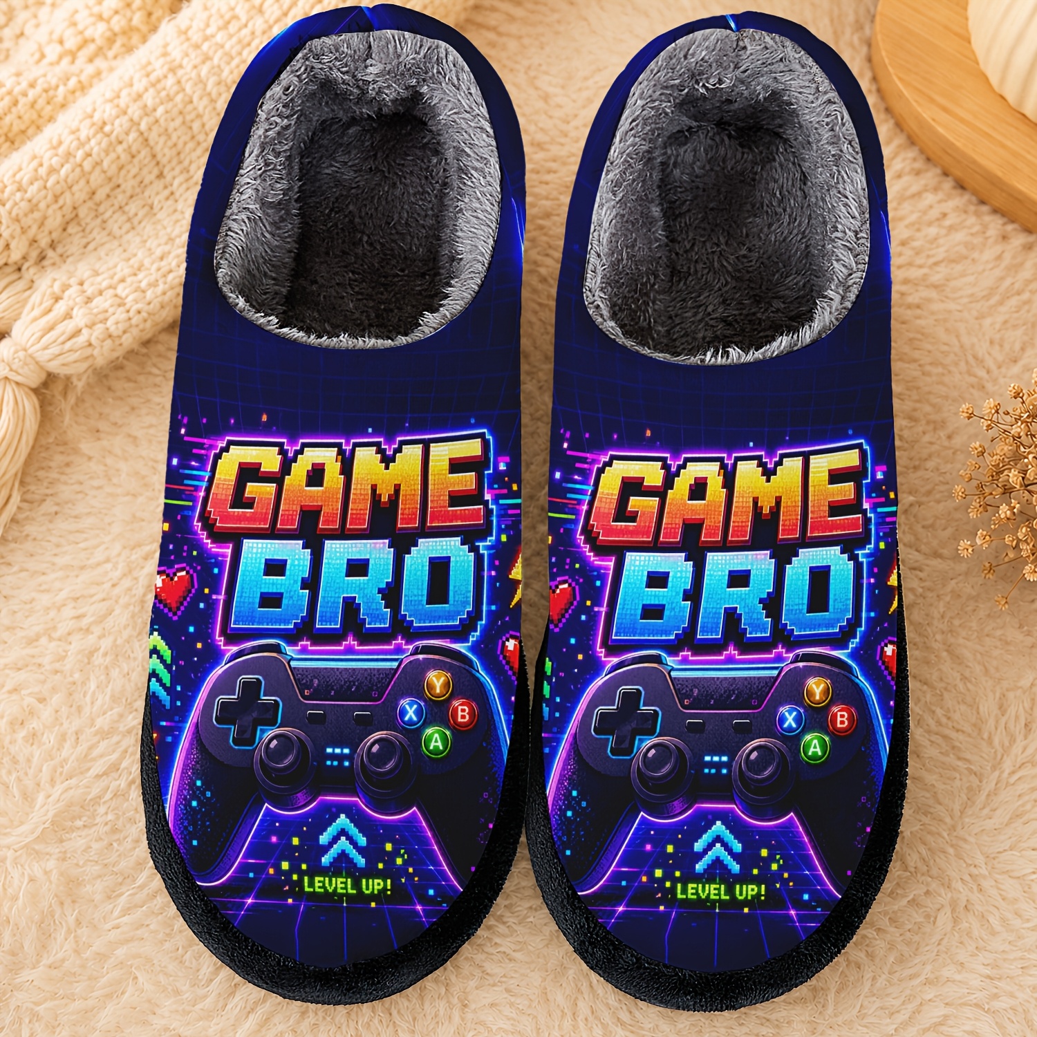 TEMU Men's Slippers, Game Bro Video Game Controller Graphic Fuzzy Indoor Home Shoes, Warm Plush Lined Slippers