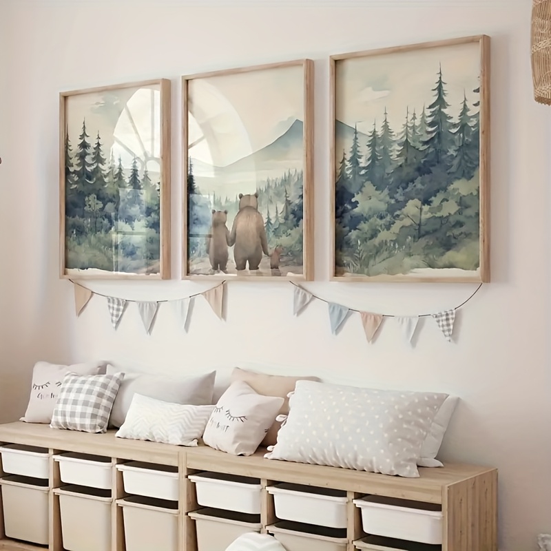 TEMU 3pcs Bear Family Art Canvas Wall Art Set, Forest Animals Posters, Unframed Ink Art Prints For Nursery, Boys Room Decor, Indoor & Outdoor Family