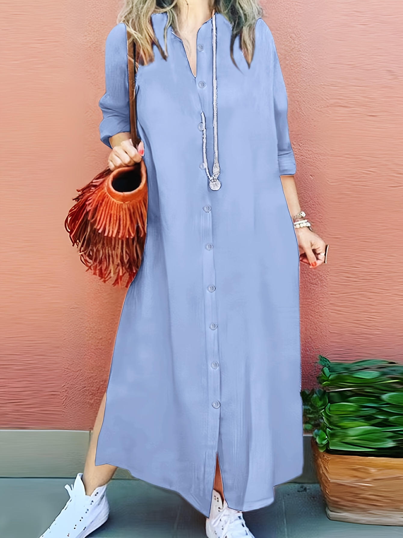 1pc chic solid color polyester tunic dress women long sleeve - Temu